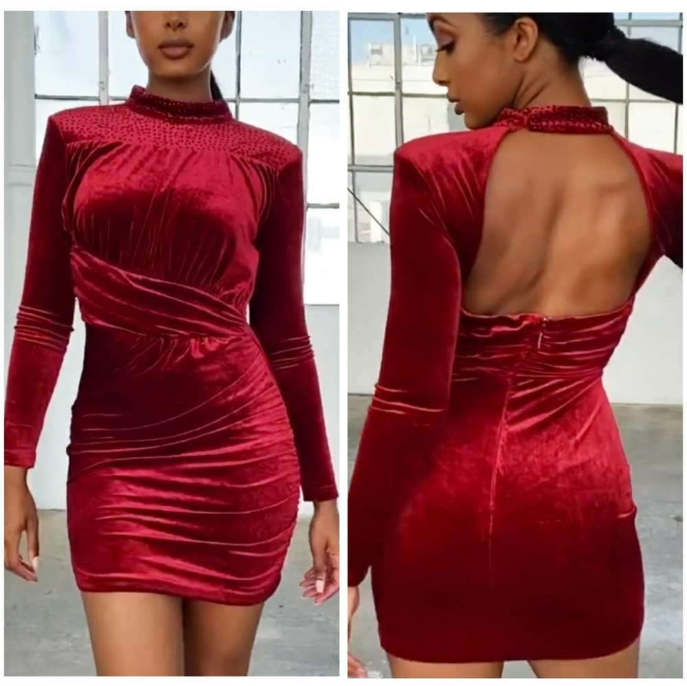 Adamaris Burgundy Velvet Rhinestoned Mini Dress